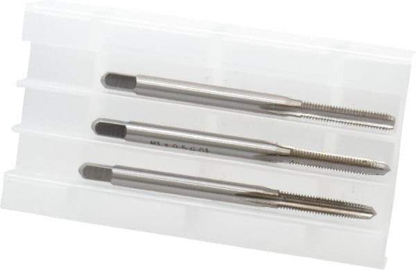 Hertel - M3x0.50 Metric Coarse, 3 Flute, Bottoming, Plug & Taper, Bright Finish, High Speed Steel Tap Set - 1-15/16" OAL, 6H Class of Fit - Exact Industrial Supply