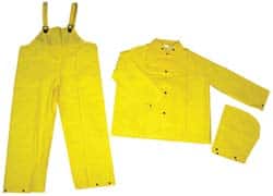 Suit with Pants: Size 3XL, Yellow, Polyester & PVC 63″ Chest, PVC & Polyester, Detachable Hood, Snap Closure, Welded Seams, Take Up Snaps at Wrists & Ankles, Bib Pants, Snap Fly