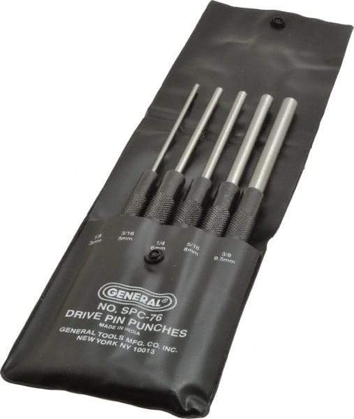 General - 5 Piece, 1/8 to 3/8", Pin Punch Set - Comes in Vinyl Case - Exact Industrial Supply