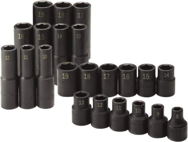 SK - 22 Piece 1/2" Drive Standard Deep Impact Socket Set - 6 Points, 8 to 19mm, Metric Measurement Standard - Exact Industrial Supply