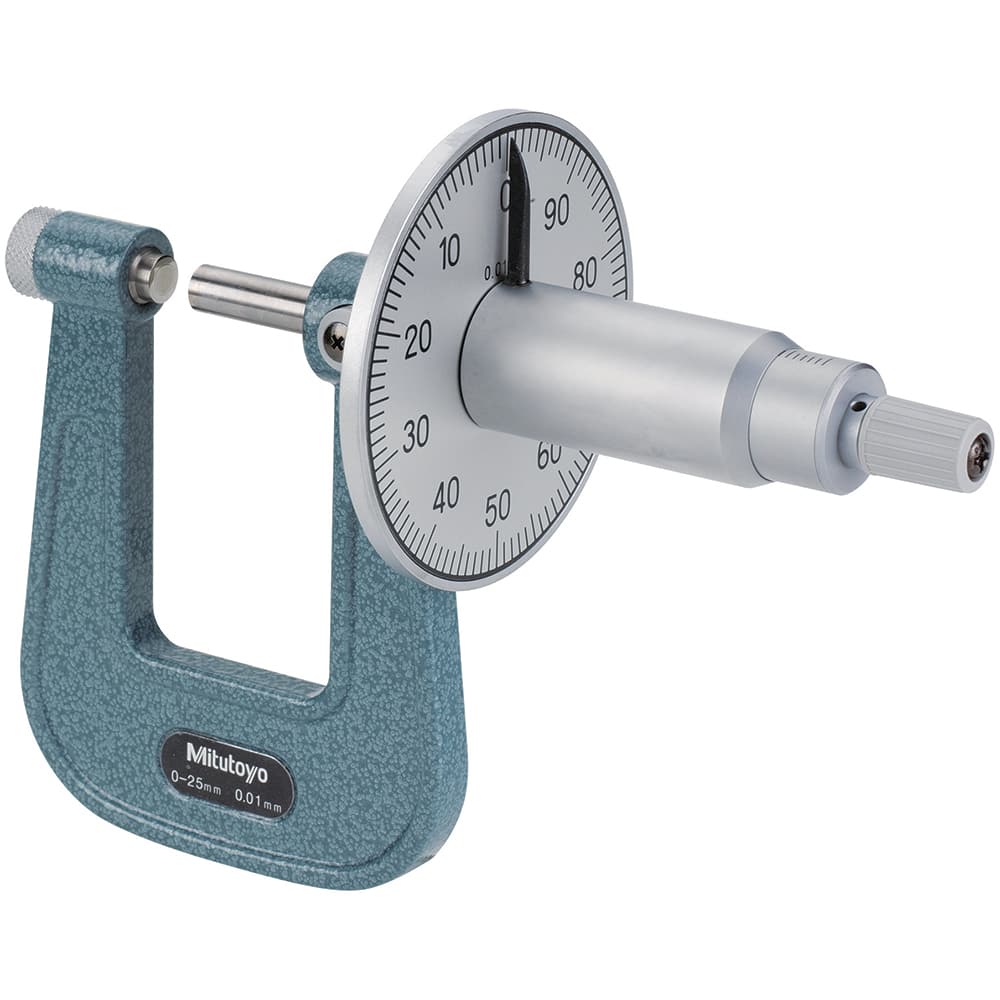 Mitutoyo - Mechanical Outside Micrometers; Minimum Measurement (mm): 0 ; Maximum Measurement (mm): 25 ; Graduation (mm): 0.01 ; Features: Dial type for easy and quick readings ; Thimble Type: Ratchet Stop ; Measuring Face Material: Carbide-Tipped - Exact Industrial Supply
