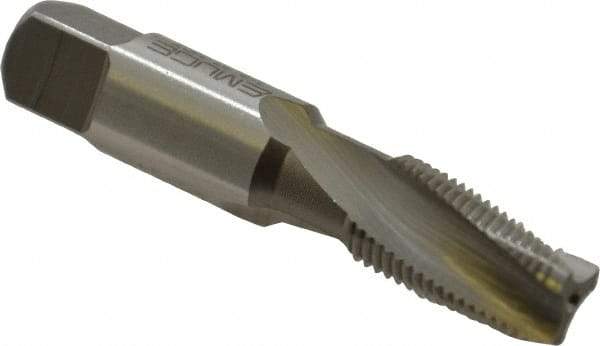 Emuge - 1/8-27 NPT, 15° Helix, 3 Flutes, Modified Bottoming Chamfer, Bright Finish, High Speed Steel, Spiral Flute Pipe Tap - Right Hand Flute, 7/16" Shank Diam, 3/4" Thread Length, 0.250-0.375" Projection, 0.328" Square Size, - Exact Industrial Supply