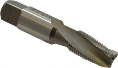 Emuge - 1/8-27 NPT, 15° Helix, 3 Flutes, Modified Bottoming Chamfer, Bright Finish, High Speed Steel, Spiral Flute Pipe Tap - Right Hand Flute, 7/16" Shank Diam, 3/4" Thread Length, 0.250-0.375" Projection, 0.328" Square Size, - Exact Industrial Supply