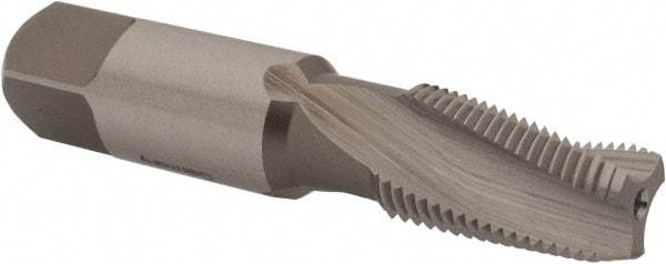 Emuge - 1/8-27 NPTF, 15° Helix, 3 Flutes, Modified Bottoming Chamfer, Bright Finish, High Speed Steel, Spiral Flute Pipe Tap - Right Hand Flute, 7/16" Shank Diam, 3/4" Thread Length, 0.250-0.375" Projection, 0.328" Square Size, - Exact Industrial Supply