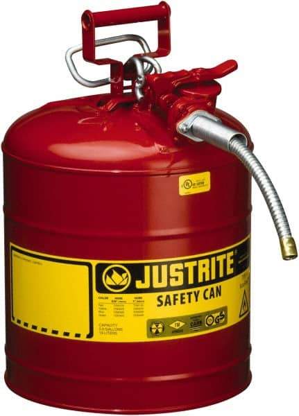 Justrite - 5 Gal Galvanized Steel Type II Safety Can - 17-1/2" High x 11-3/4" Diam, Red with Yellow - Exact Industrial Supply