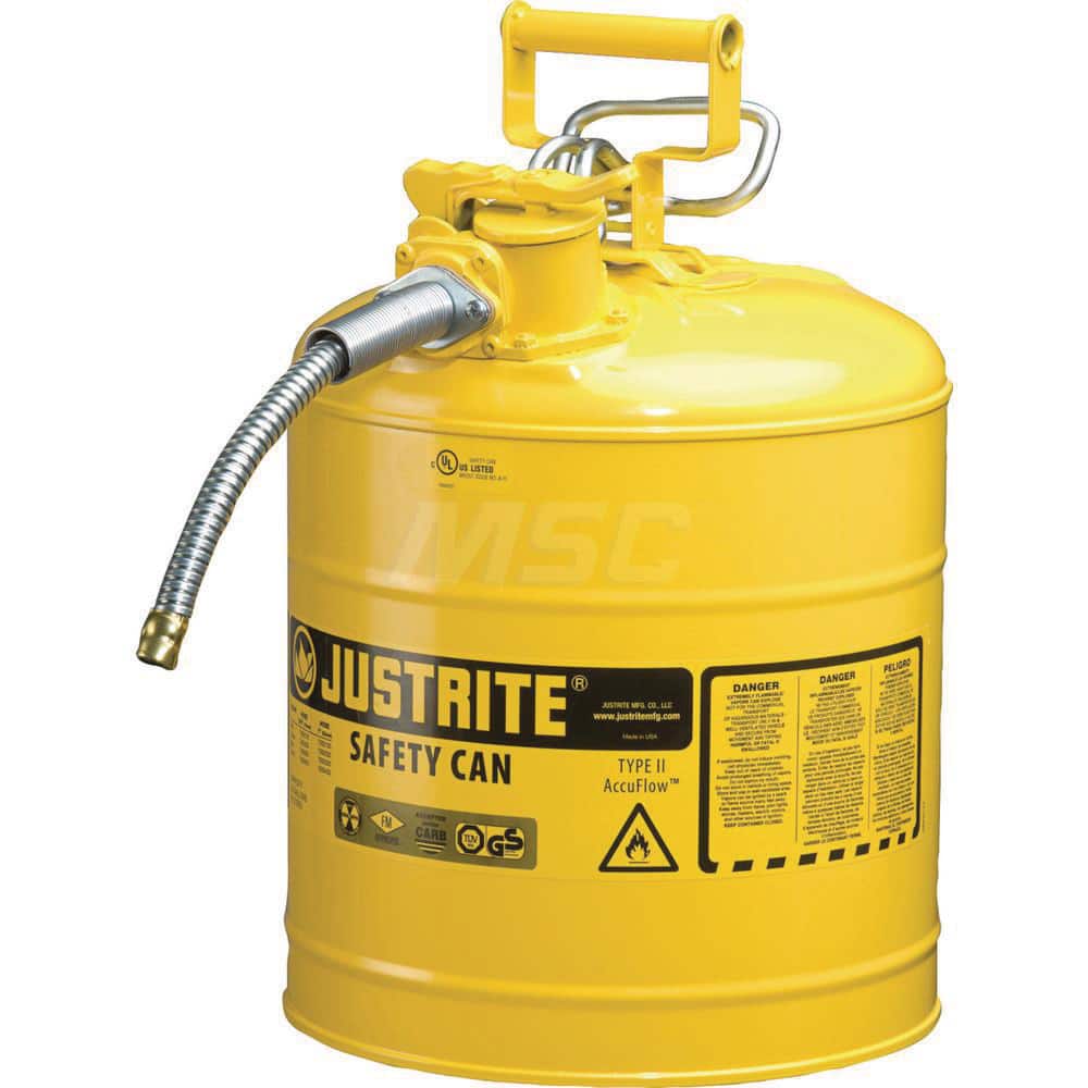 Justrite - Safety Dispensing Cans; Capacity: 5 Gal. ; Material: Steel ; Color: Yellow ; Height (Decimal Inch): 17.500000 ; Diameter/Length (mm): 11.75 ; Approval Listing/Regulations: FM Approved; UL; ULC; TUV - Exact Industrial Supply