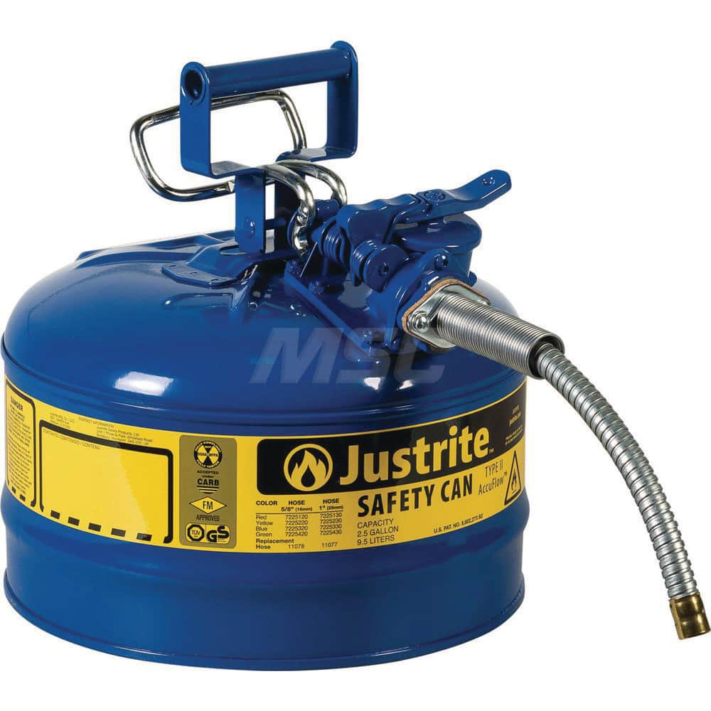 Justrite - Safety Dispensing Cans; Capacity: 2.5 Gal ; Material: Steel ; Color: Blue ; Height (Decimal Inch): 12.000000 ; Diameter/Length (mm): 11.75 ; Approval Listing/Regulations: FM Approved; UL; ULC; TUV - Exact Industrial Supply