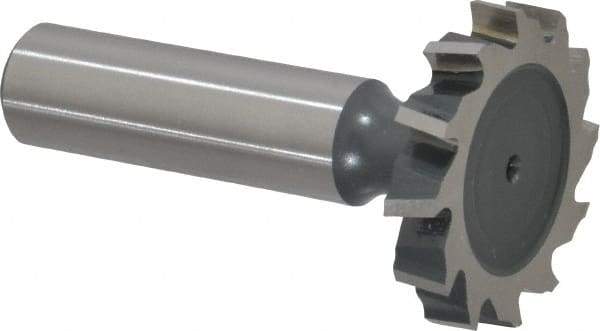 Interstate - 1-1/4" Diam x 7/32" Face Width, High Speed Steel, 14 Teeth, Shank Connection Woodruff Keyseat Cutter - Uncoated, 2-7/32" OAL x 1/2" Shank, Staggered Teeth, ANSI 710, Old Standard 20 - Exact Industrial Supply