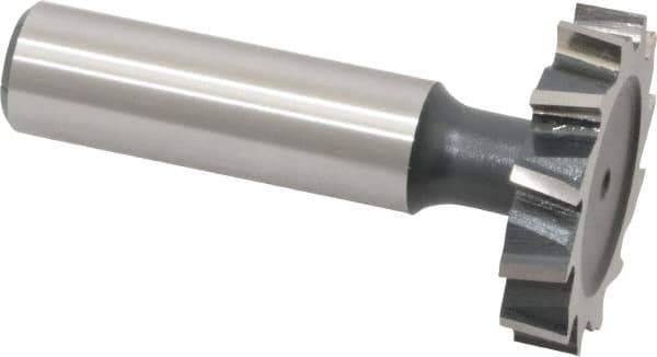 Interstate - 1-1/4" Diam x 1/4" Face Width, High Speed Steel, 14 Teeth, Shank Connection Woodruff Keyseat Cutter - Uncoated, 2-1/4" OAL x 1/2" Shank, Staggered Teeth, ANSI 810, Old Standard 21 - Exact Industrial Supply