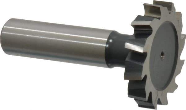 Interstate - 1-3/8" Diam x 1/4" Face Width, High Speed Steel, 14 Teeth, Shank Connection Woodruff Keyseat Cutter - Uncoated, 2-1/4" OAL x 1/2" Shank, Staggered Teeth, ANSI 811, Old Standard 22 - Exact Industrial Supply