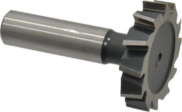 Interstate - 1-1/2" Diam x 5/16" Face Width, High Speed Steel, 12 Teeth, Shank Connection Woodruff Keyseat Cutter - Uncoated, 2-5/16" OAL x 1/2" Shank, Staggered Teeth, ANSI 1012, Old Standard 25 - Exact Industrial Supply