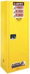Justrite - 1 Door, 3 Shelf, Yellow Steel Space Saver Safety Cabinet for Flammable and Combustible Liquids - 65" High x 23-1/4" Wide x 18" Deep, Manual Closing Door, 22 Gal Capacity - Exact Industrial Supply
