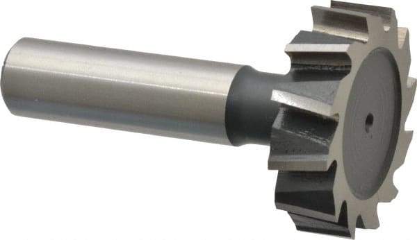 Interstate - 1-3/8" Diam x 3/8" Face Width, High Speed Steel, 14 Teeth, Shank Connection Woodruff Keyseat Cutter - Uncoated, 2-3/8" OAL x 1/2" Shank, Staggered Teeth, ANSI 1211, Old Standard F - Exact Industrial Supply