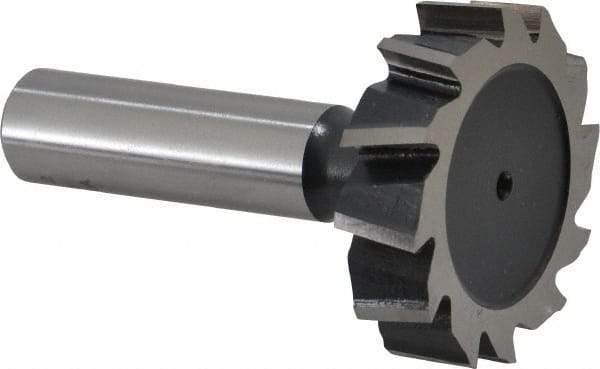 Interstate - 1-1/2" Diam x 3/8" Face Width, High Speed Steel, 16 Teeth, Shank Connection Woodruff Keyseat Cutter - Uncoated, 2-3/8" OAL x 1/2" Shank, Staggered Teeth, ANSI 1212, Old Standard G - Exact Industrial Supply