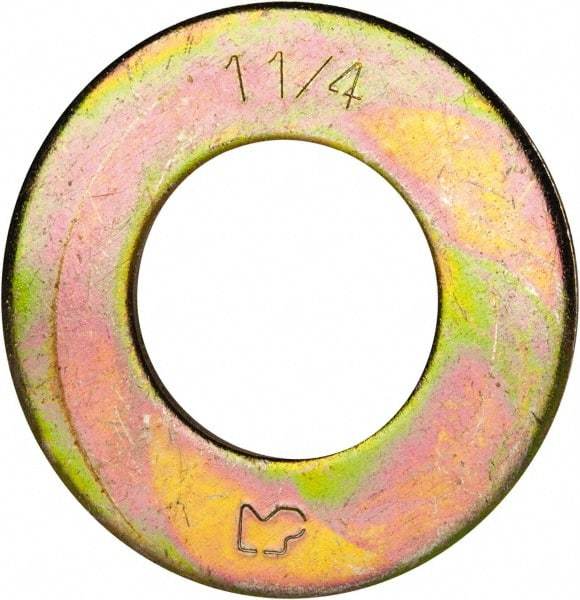 Made in USA - 1-1/4" Screw, Grade 8 Alloy Steel SAE Flat Washer - 1-3/8" ID x 2-1/2" OD, 0.16" Thick, Zinc Yellow Dichromate Finish - Exact Industrial Supply