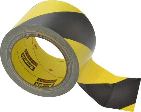 3M - Black & Yellow Striped Vinyl Tape - 3" Wide x 5.4 mil Thick, General Traffic - Exact Industrial Supply