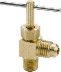 Parker - 3/8 x 1/4" Pipe, Angled Needle Valve - Flare x MNPTF Ends, Brass Valve, 150 Max psi - Exact Industrial Supply