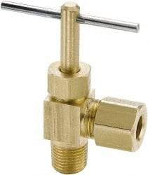 Parker - 3/8 x 1/4" Pipe, Angled Needle Valve - Compression x MNPTF Ends, Brass Valve, 150 Max psi - Exact Industrial Supply