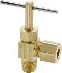 Parker - 3/8 x 1/4" Pipe, Angled Needle Valve - Compression x MNPTF Ends, Brass Valve, 150 Max psi - Exact Industrial Supply