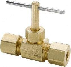Parker - 3/8" Pipe, Inline Needle Valve - Compression x Compression Ends, Brass Valve, 150 Max psi - Exact Industrial Supply