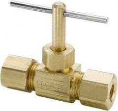 Parker - 1/4" Pipe, Inline Needle Valve - Compression x Compression Ends, Brass Valve, 150 Max psi - Exact Industrial Supply