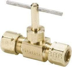 Parker - 3/8" Pipe, Inline Needle Valve - Compression x Compression Ends, Brass Valve, 150 Max psi - Exact Industrial Supply