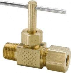 Parker - 3/8 x 1/4" Pipe, Inline Needle Valve - Compression x MNPTF Ends, Brass Valve, 150 Max psi - Exact Industrial Supply