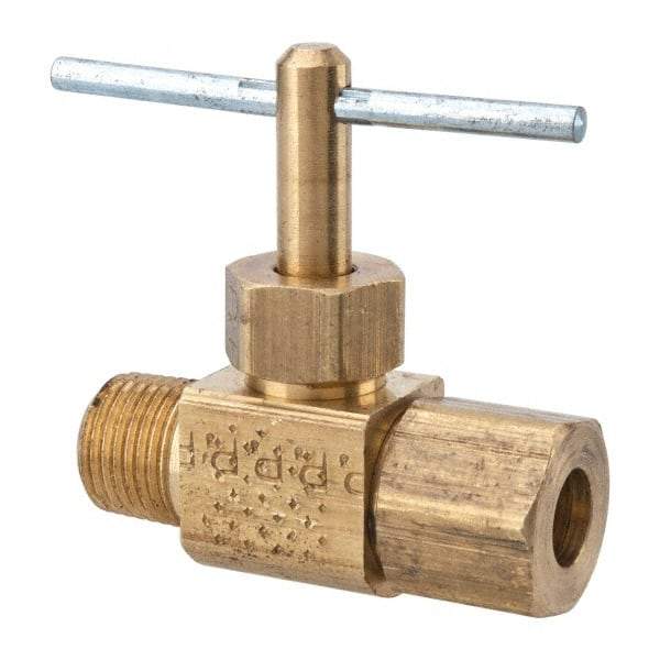 Parker - 1/4 x 1/8" Pipe, Inline Needle Valve - Compression x MNPTF Ends, Brass Valve, 150 Max psi - Exact Industrial Supply