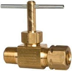 Parker - 3/8 x 1/4" Pipe, Inline Needle Valve - Compression x MNPTF Ends, Brass Valve, 150 Max psi - Exact Industrial Supply