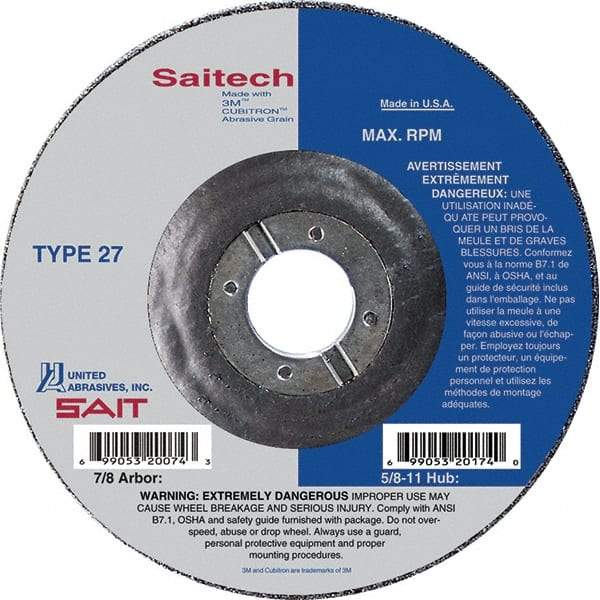 Sait - 4-1/2" Wheel Diam, 1/8" Wheel Thickness, 7/8" Arbor Hole, Type 27 Depressed Center Wheel - Ceramic, Resinoid Bond, 13,300 Max RPM, Compatible with Angle Grinder - Exact Industrial Supply