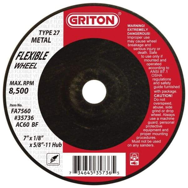 Value Collection - 60 Grit, 7" Wheel Diam, 1/8" Wheel Thickness, Type 27 Depressed Center Wheel - Aluminum Oxide, 8,500 Max RPM - Exact Industrial Supply