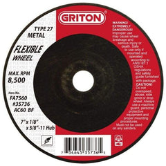 Value Collection - 60 Grit, 7" Wheel Diam, 1/8" Wheel Thickness, Type 27 Depressed Center Wheel - Aluminum Oxide, 8,500 Max RPM - Exact Industrial Supply