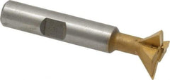 Made in USA - 3/4" Diam x 1/4" Width of Cut, 45° Included Angle, Carbide-Tipped Dovetail Cutter - 3/8" Shank Diam, 2-1/4" Overall Length, 0.02" Corner Radius, Weldon Flat, TiN Coated - Exact Industrial Supply