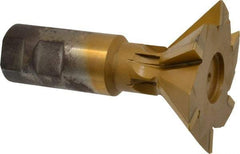 Made in USA - 3" Diam x 1" Width of Cut, 45° Included Angle, Carbide-Tipped Dovetail Cutter - 1-1/4" Shank Diam, 4-1/2" Overall Length, 0.02" Corner Radius, Weldon Flat, TiN Coated - Exact Industrial Supply