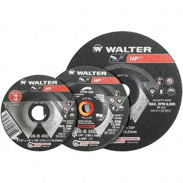 WALTER Surface Technologies - 24 Grit, 7" Wheel Diam, 1/4" Wheel Thickness, Type 28 Depressed Center Wheel - Aluminum Oxide, Resinoid Bond, 8,600 Max RPM - Exact Industrial Supply