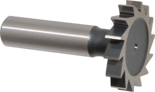 Interstate - 1-3/8" Diam x 1/4" Face Width, High Speed Steel, 14 Teeth, Shank Connection Woodruff Keyseat Cutter - Uncoated, 2-1/4" OAL x 1/2" Shank, Straight Teeth, ANSI 811, Old Standard 22 - Exact Industrial Supply