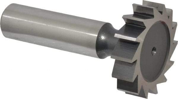 Interstate - 1-1/4" Diam x 5/16" Face Width, High Speed Steel, 14 Teeth, Shank Connection Woodruff Keyseat Cutter - Uncoated, 2-5/16" OAL x 1/2" Shank, Straight Teeth, ANSI 1010, Old Standard D - Exact Industrial Supply