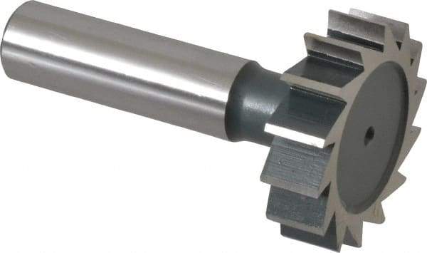 Interstate - 1-3/8" Diam x 3/8" Face Width, High Speed Steel, 14 Teeth, Shank Connection Woodruff Keyseat Cutter - Uncoated, 2-3/8" OAL x 1/2" Shank, Straight Teeth, ANSI 1211, Old Standard F - Exact Industrial Supply