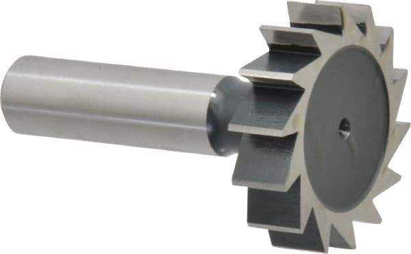 Interstate - 1-1/2" Diam x 3/8" Face Width, High Speed Steel, 16 Teeth, Shank Connection Woodruff Keyseat Cutter - Uncoated, 2-3/8" OAL x 1/2" Shank, Straight Teeth, ANSI 1212, Old Standard G - Exact Industrial Supply