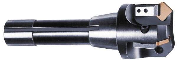 APT - 15° Lead Angle, 2" Max Cut Diam, 0.4063" Max Depth of Cut, Indexable Chamfer and Angle End Mill - 3 Inserts, SPC 42ZR, SPG 42., SPU 42. Insert Style, 3" OAL, Straight Shank - Exact Industrial Supply