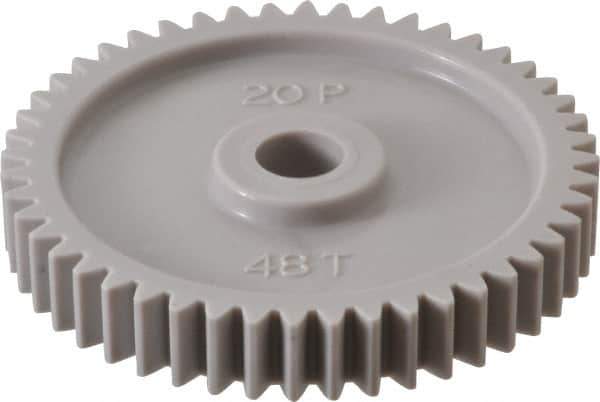 Made in USA - 20 Pitch, 2.4" Pitch Diam, 2-1/2" OD, 48 Tooth Spur Gear - 3/8" Face Width, 3/8" Bore Diam, 47/64" Hub Diam, 20° Pressure Angle, Acetal - Exact Industrial Supply