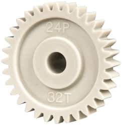 Made in USA - 48 Pitch, 1.333" Pitch Diam, 1.416" OD, 32 Tooth Spur Gear - 1/4" Face Width, 1/4" Bore Diam, 39/64" Hub Diam, 20° Pressure Angle, Acetal - Exact Industrial Supply