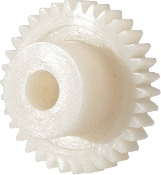 Made in USA - 32 Pitch, 1-1/16" Pitch Diam, 1-1/8" OD, 34 Tooth Spur Gear - 3/16" Face Width, 1/4" Bore Diam, 39/64" Hub Diam, 20° Pressure Angle, Acetal - Exact Industrial Supply