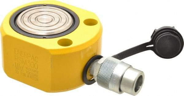 Enerpac - 30 Ton, 0.5" Stroke, 3.25 Cu In Oil Capacity, Portable Hydraulic Flat Body Cylinder - 6.49 Sq In Effective Area, 2.31" Lowered Ht., 2.81" Max Ht., 2.88" Cyl Bore Diam, 2.5" Plunger Rod Diam, 10,000 Max psi - Exact Industrial Supply