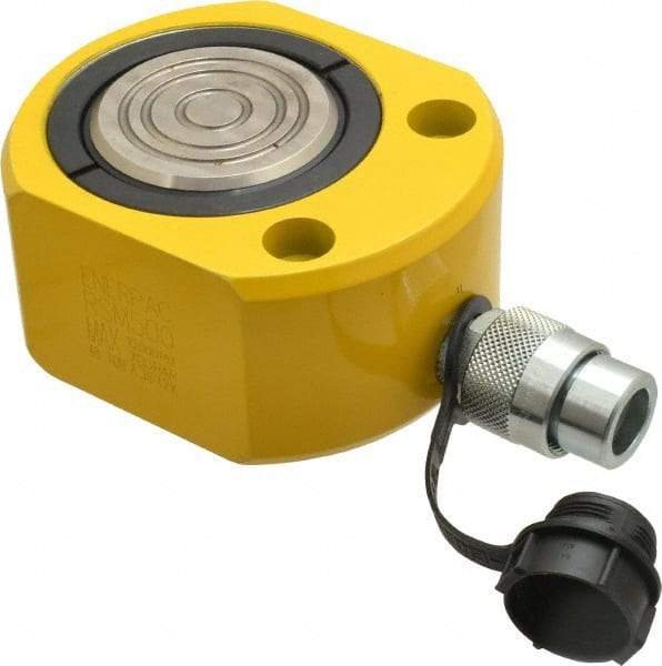 Enerpac - 50 Ton, 0.63" Stroke, 6.01 Cu In Oil Capacity, Portable Hydraulic Flat Body Cylinder - 9.62 Sq In Effective Area, 2.63" Lowered Ht., 3.25" Max Ht., 3.5" Cyl Bore Diam, 2.75" Plunger Rod Diam, 10,000 Max psi - Exact Industrial Supply