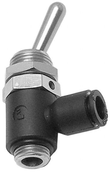 Legris - 4mm OD, 1/8 BSPP, Nylon/Nickel Plated Brass Push-to-Connect Manually Operated 3-Way Venting Valve - 230 Max psi, Black - Exact Industrial Supply