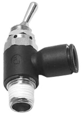 Legris - 3/8" OD, 1/4 NPT, Nylon/Nickel Plated Brass Push-to-Connect Manually Operated 3-Way Venting Valve - 230 Max psi, Black - Exact Industrial Supply
