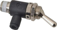 Legris - 5/32" OD, 1/8 NPT, Nylon/Nickel Plated Brass Push-to-Connect Manually Operated 3-Way Venting Valve - 230 Max psi, Black - Exact Industrial Supply