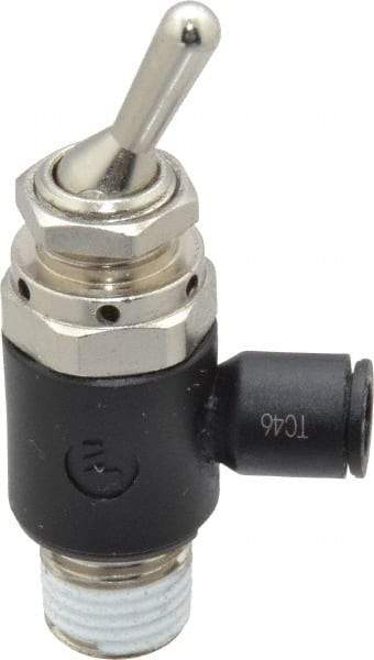 Legris - 1/4" OD, 1/4 NPT, Nylon/Nickel Plated Brass Push-to-Connect Manually Operated 3-Way Venting Valve - 230 Max psi, Black - Exact Industrial Supply