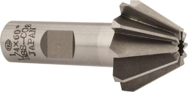 Interstate - 1-1/4" Large x 1/2" Small Diam, 25/32" Width of Cut, 60° Included Angle, Cobalt Face Angle Cutter - 5/8" Shank Diam, 2-21/32" Overall Length, Weldon Flat - Exact Industrial Supply